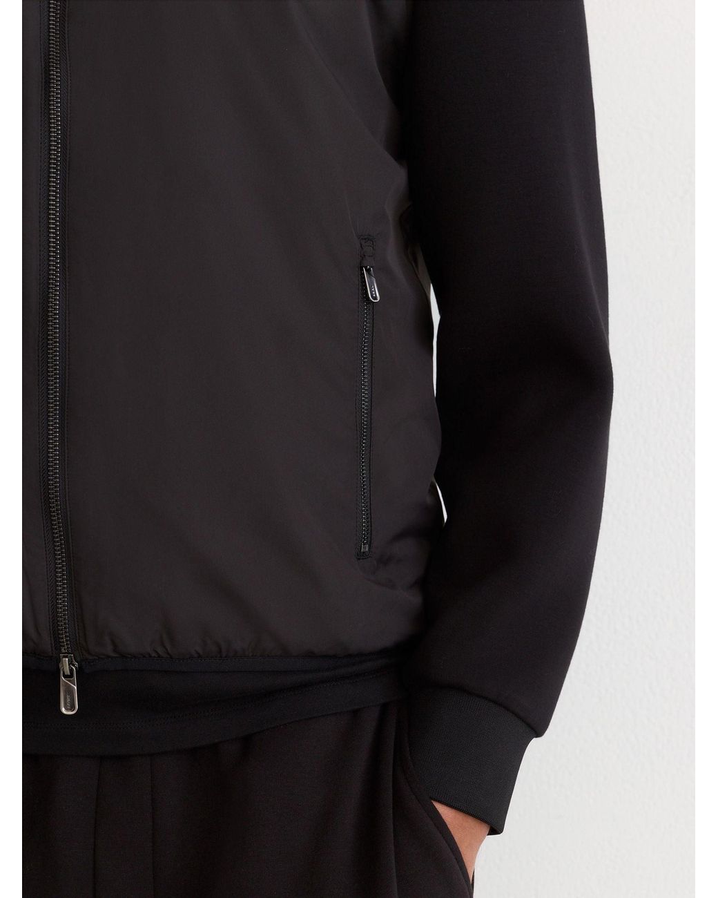 Reiss Black Interlock Hybrid Zip-Through Hooded Jacket for men