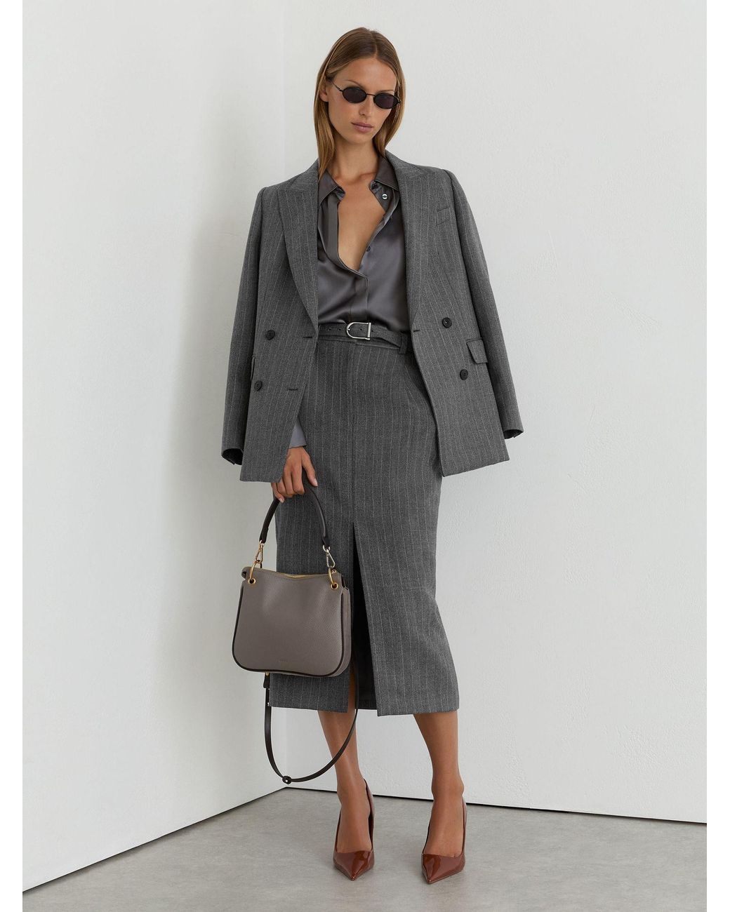 Reiss Gray Petite Wool Pinstripe Belted Pencil Skirt