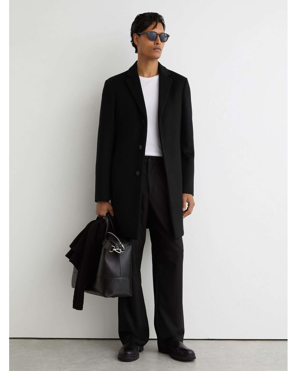 Reiss Black Gable Wool-Blend Single-Breasted Overcoat for men