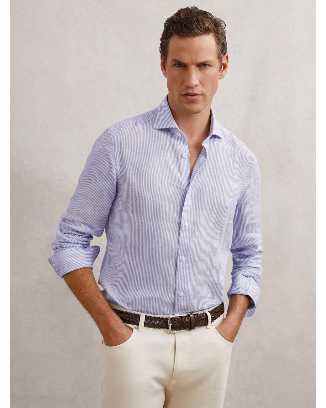 Reiss Purple Ruban - Bengal Blue White Linen Stripe Long-sleeve Shirt, Xxl for men