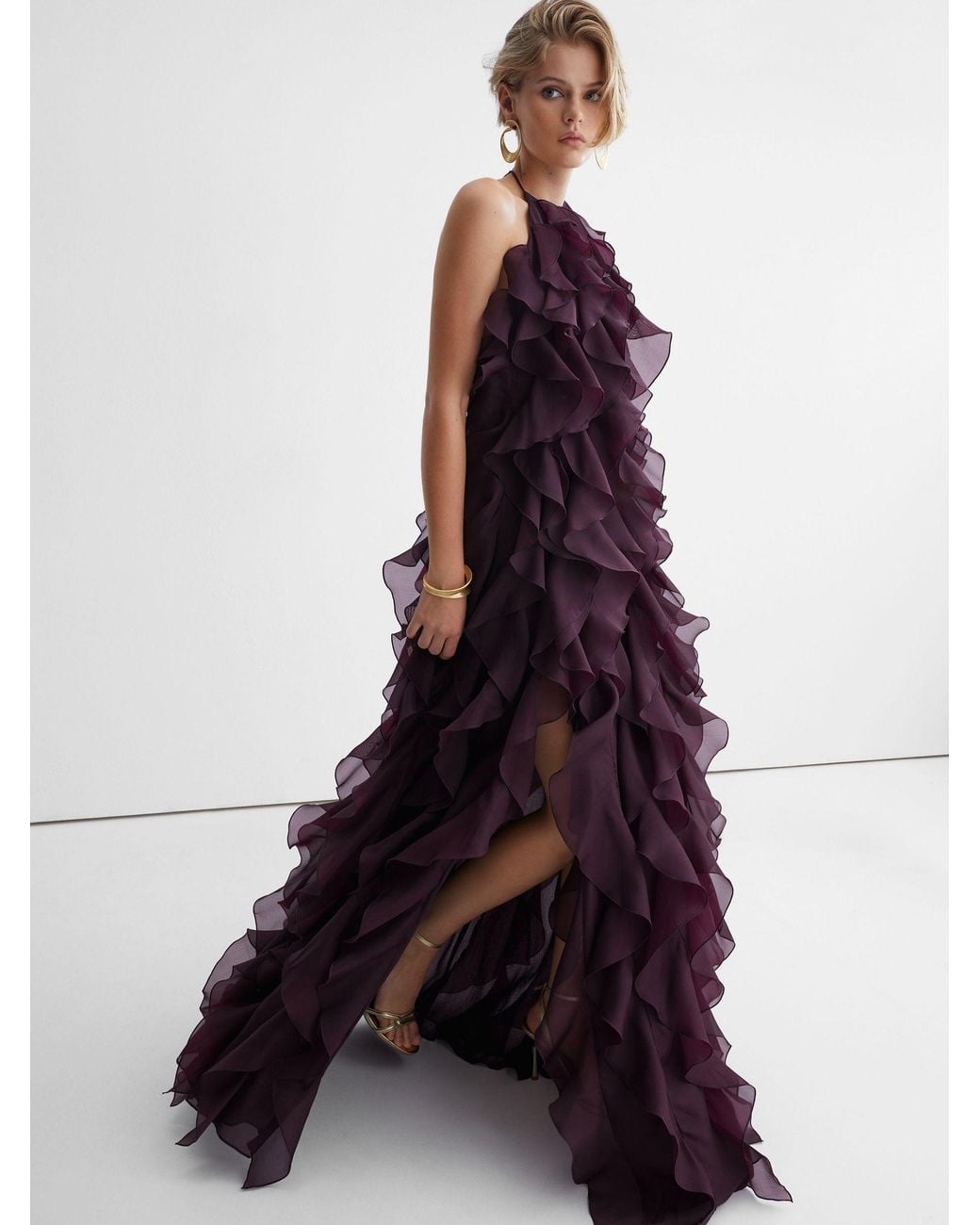 ATELIER Purple Grape Silk-Organza Ruffle Maxi Dress