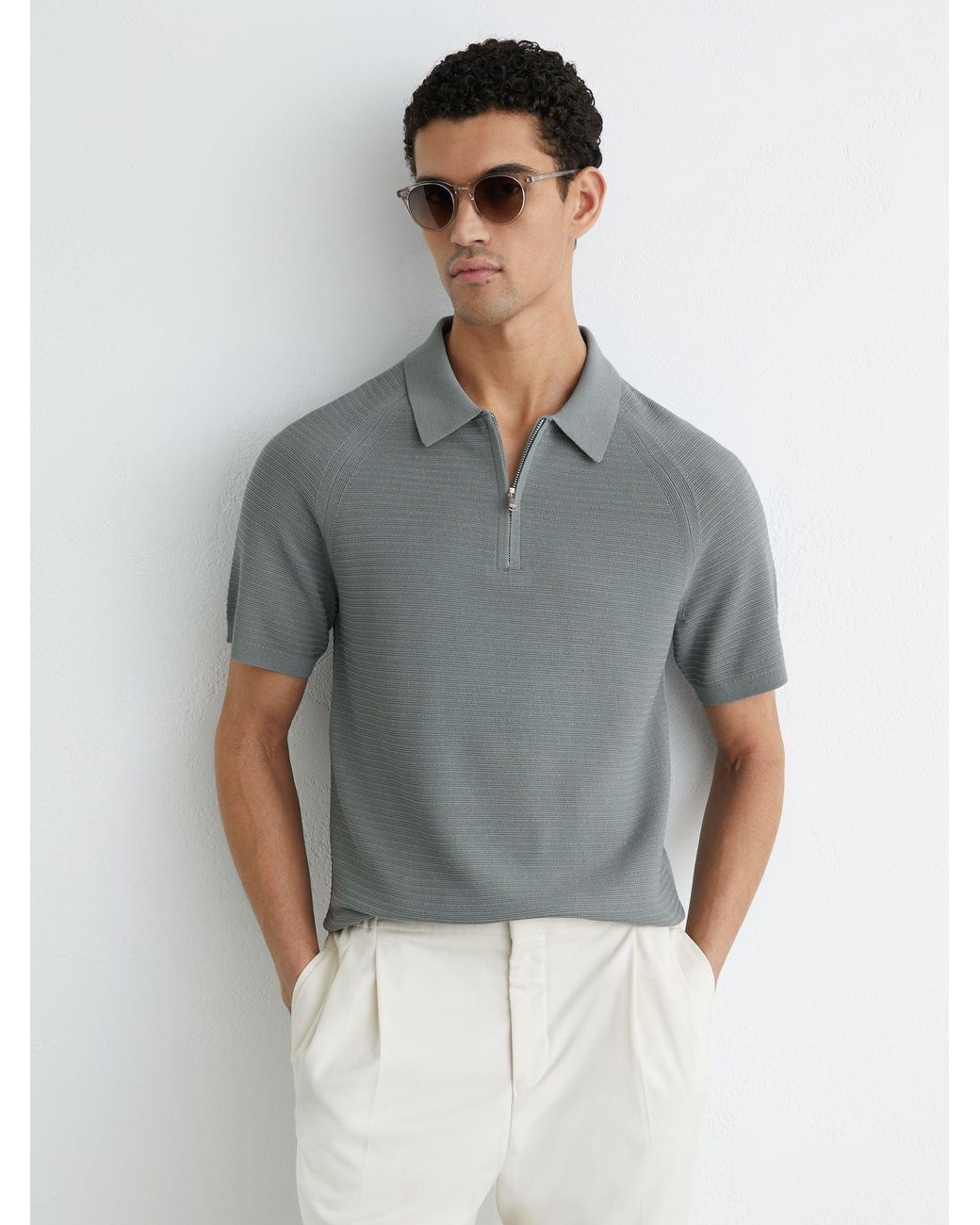 Reiss Gray Estate - Sage Textured-knit Half-zip Polo Shirt, M for men