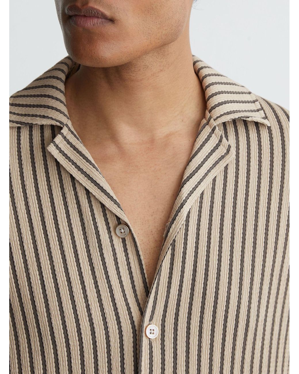 Reiss Gray Stone & Textured Stripe Cuban-Collar Shirt for men