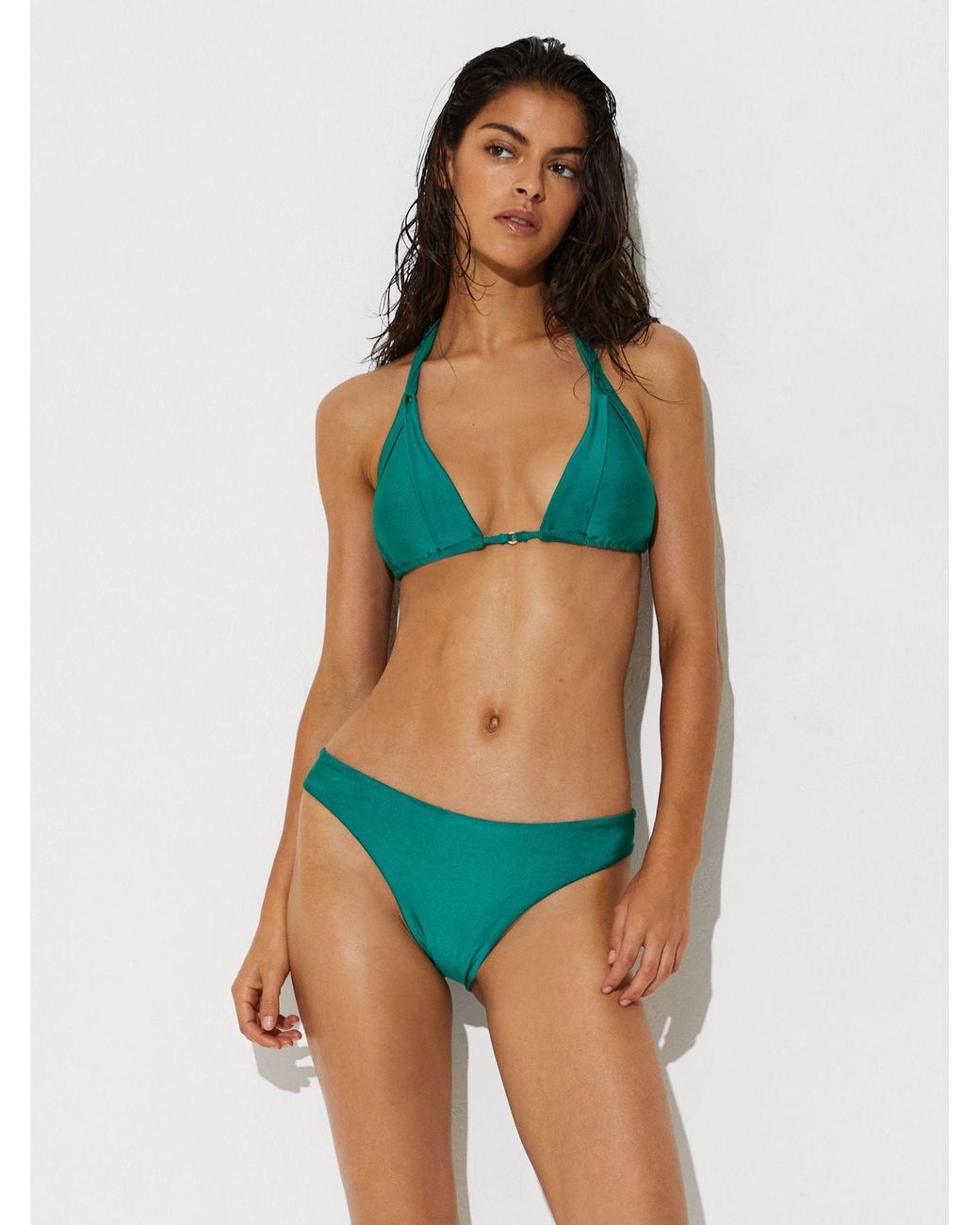 Reiss Green Pleat-Detail Triangle Bikini Top