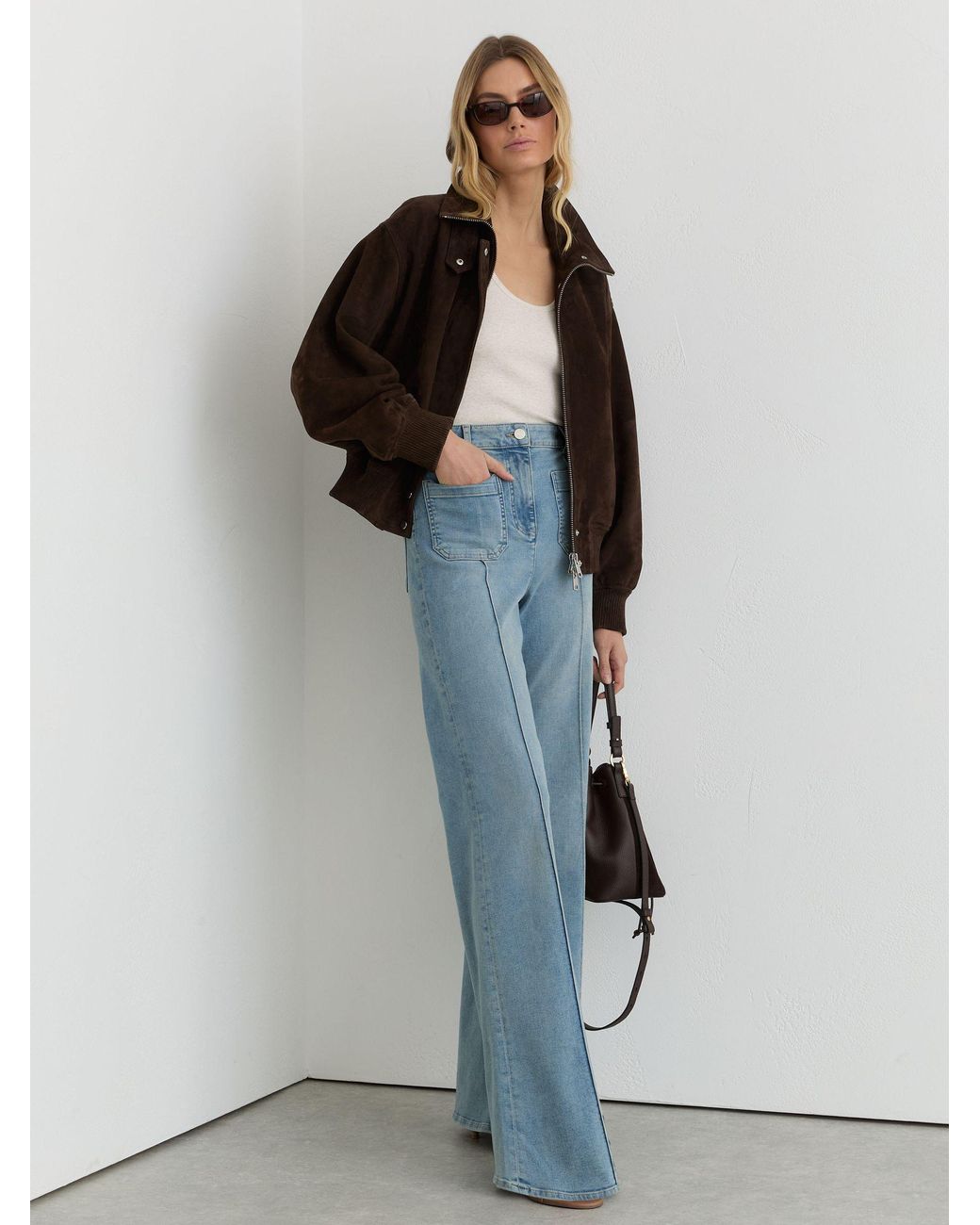 Reiss Natural Cara - Chocolate Brown Suede Funnel-neck Bomber Jacket, Us 14