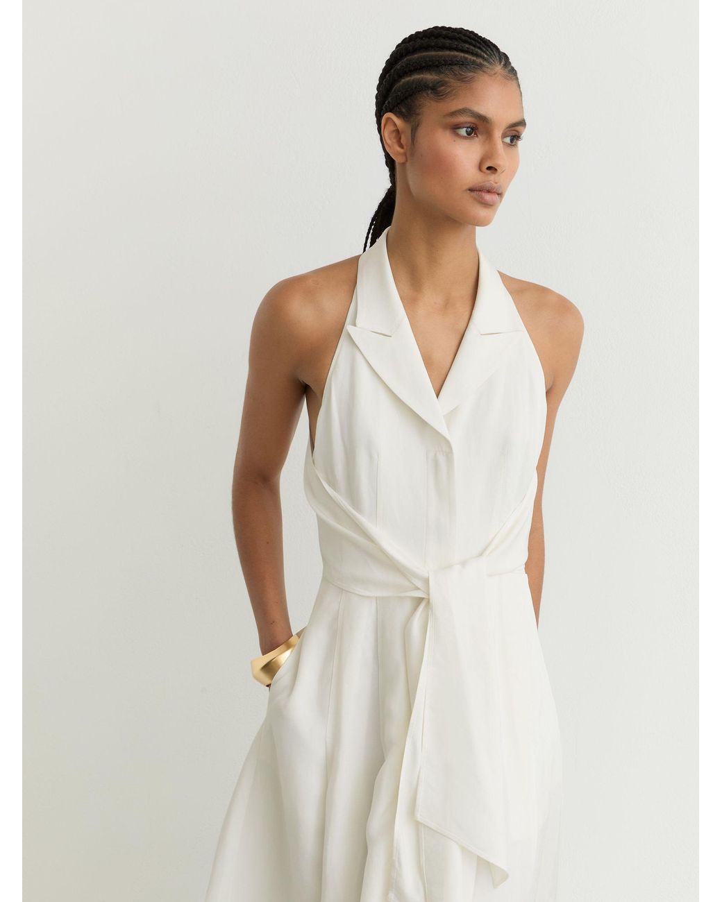 Reiss White Sleeveless Tie-Front Midi Dress With Linen