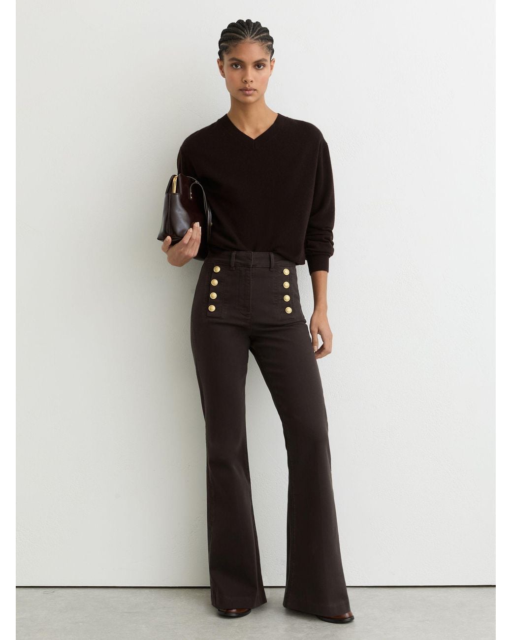 Reiss Black Button-Detail High-Rise Flared Jeans