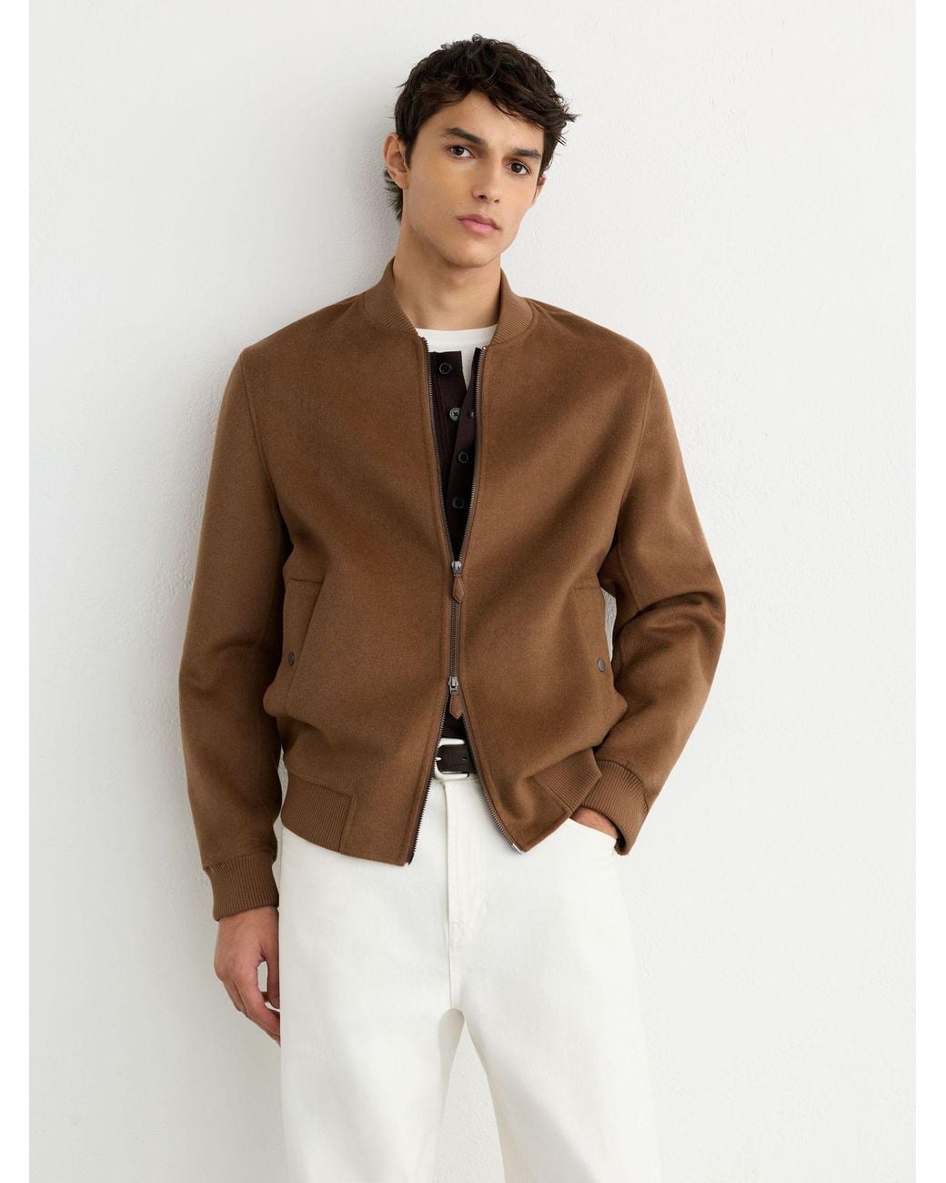 Reiss Brown Wool-Blend Zip-Through Bomber Jacket for men