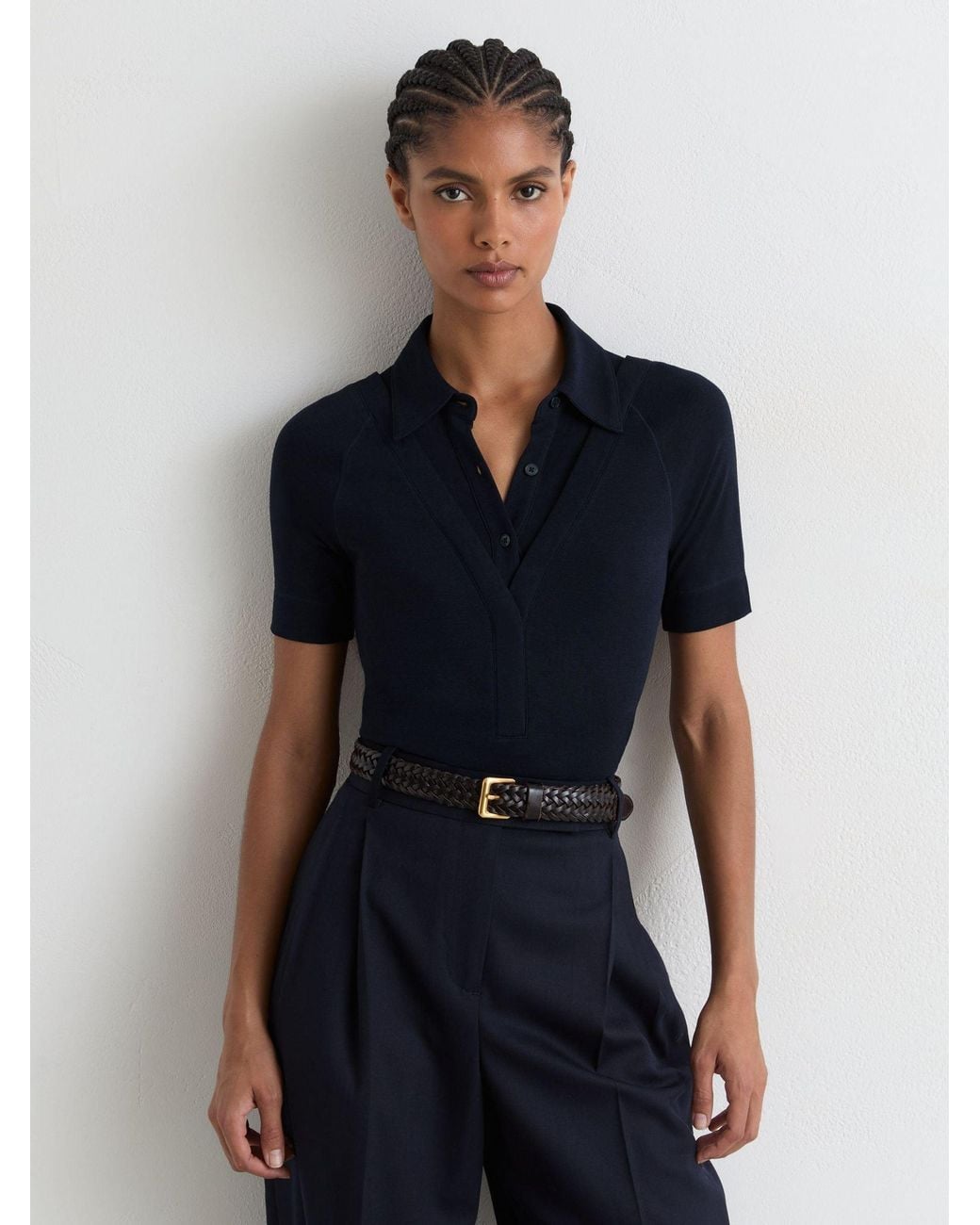 Reiss Blue Collar-Insert Jersey-Knit Top With Wool