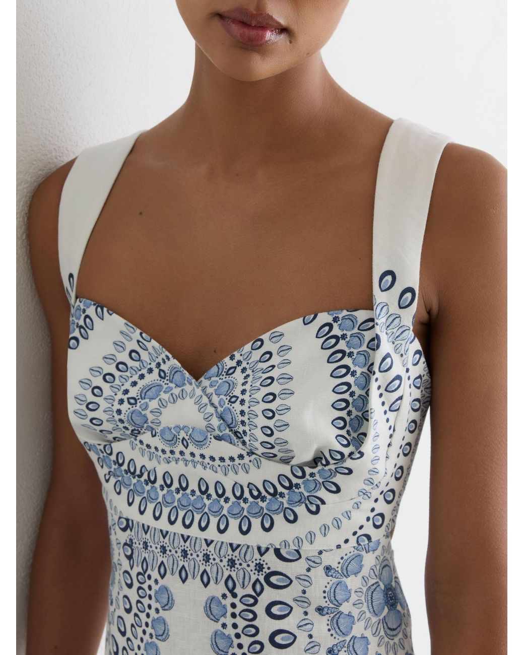 Reiss White Addison - Ivory/blue Linen Shell-print Tie-back Midi Dress, Us 14