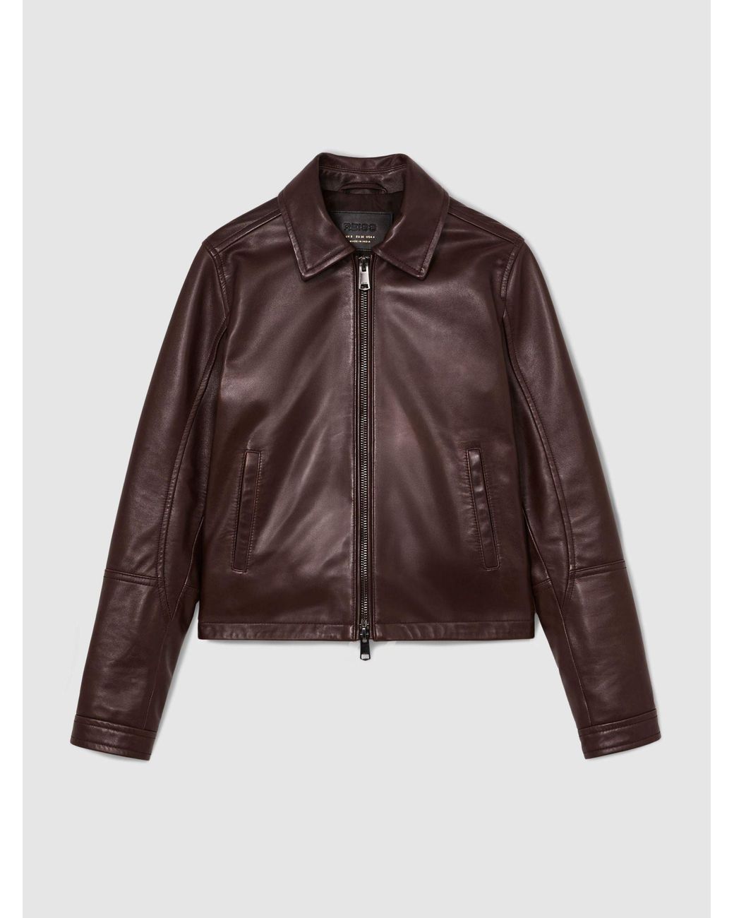 Reiss Brown Leather Zip-Through Moto Jacket