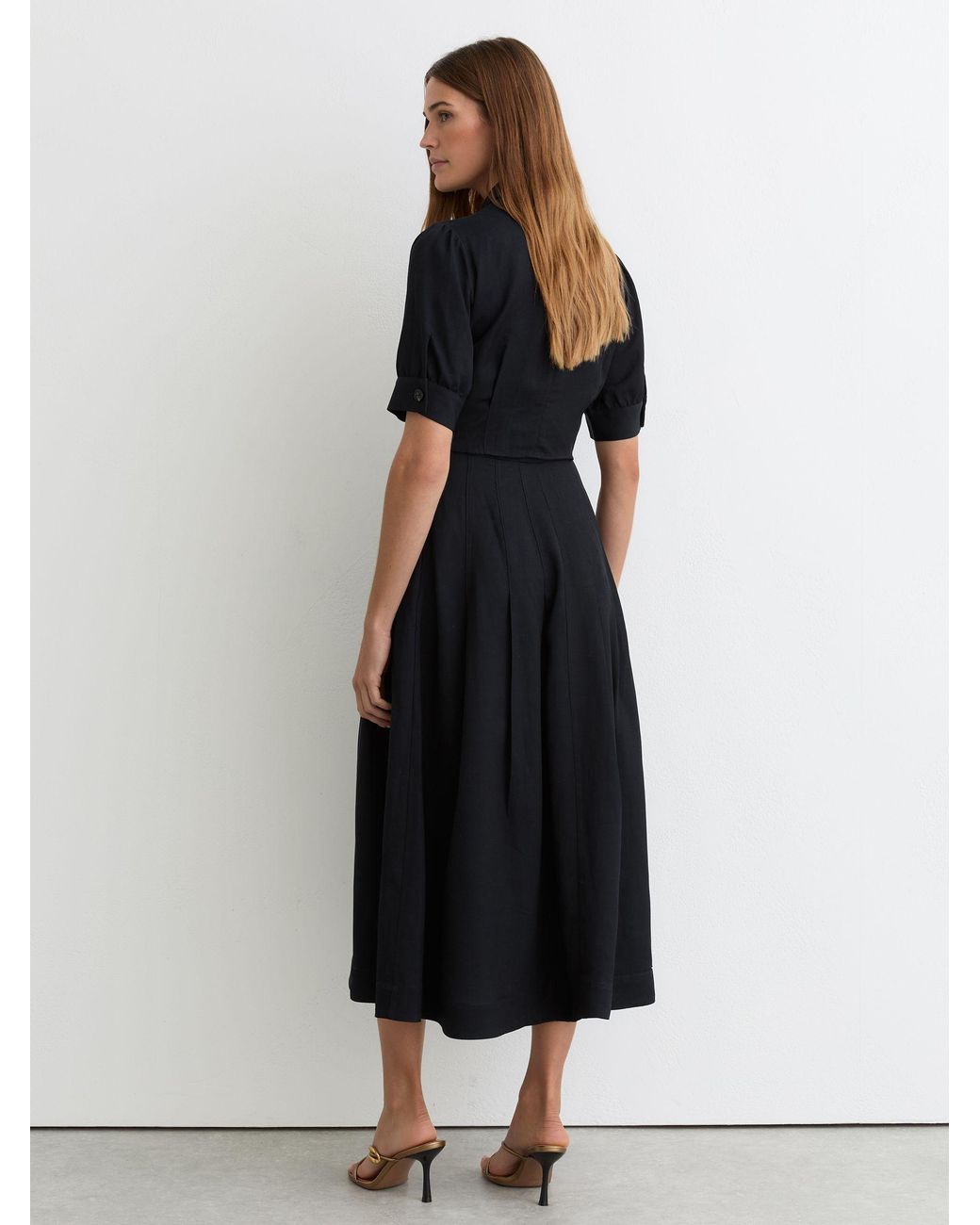 Reiss Black Short-Sleeve Belted Midi Dress With Linen