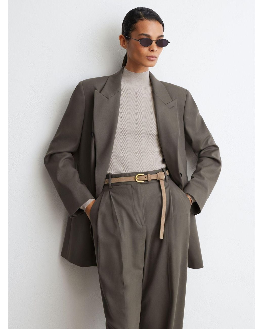 Reiss Gray Sage Leisel Petite Wool-Blend Wide-Leg Pleated Suit Trousers