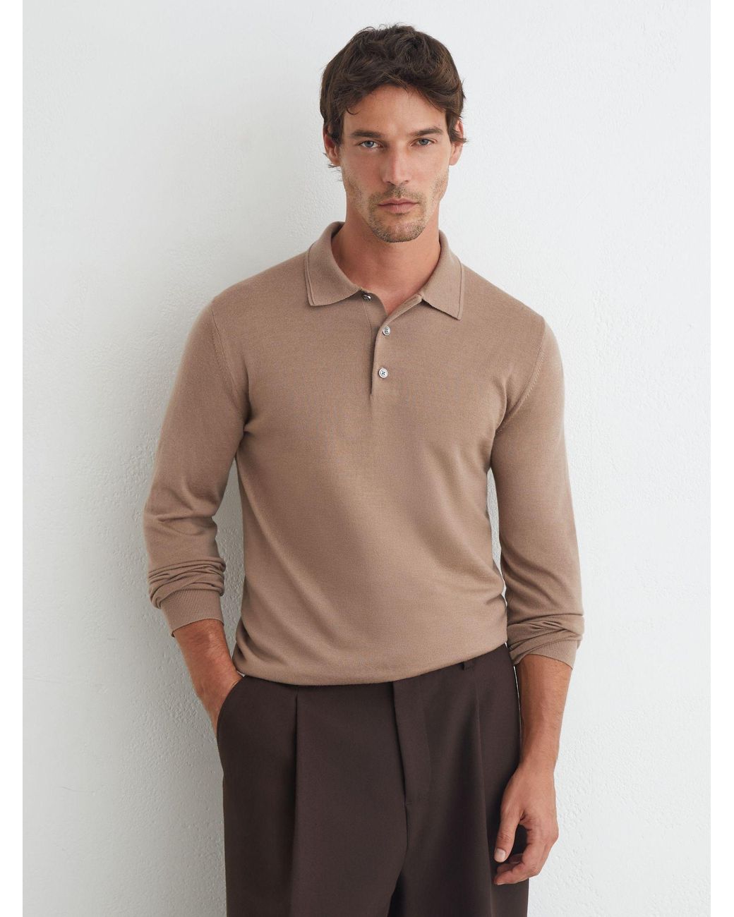 Reiss Brown Merino Wool Long-Sleeve Polo Shirt for men