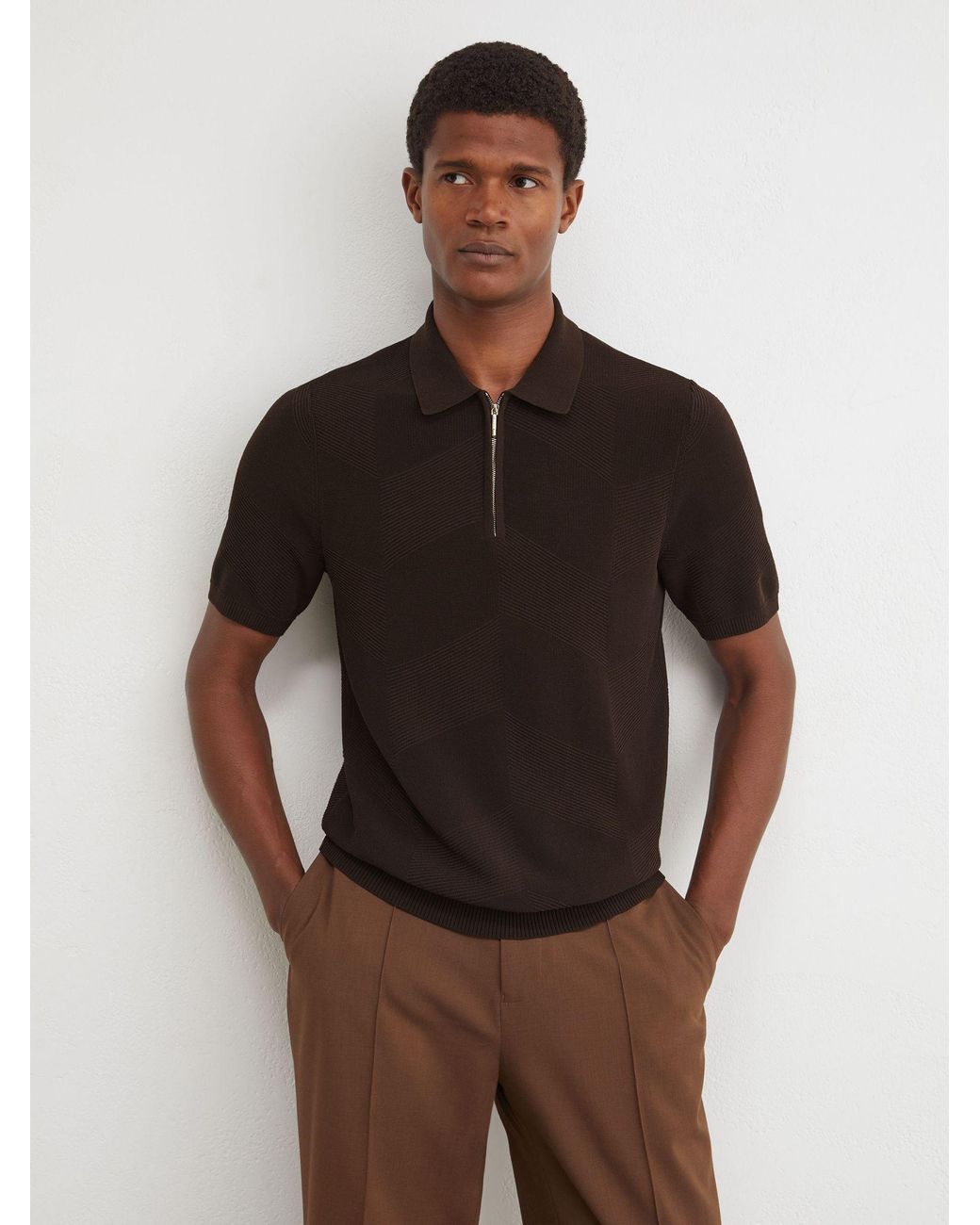 Reiss Black Cotton-Blend Chevron-Knit Half-Zip Polo Shirt for men