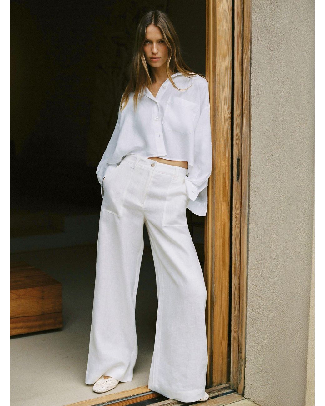 Reiss White Linen Oversize Cropped Shirt