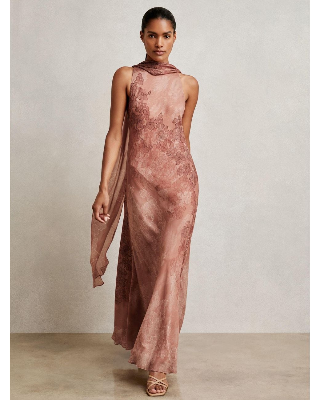 Reiss Natural Chiffon Floral Cape Maxi Dress