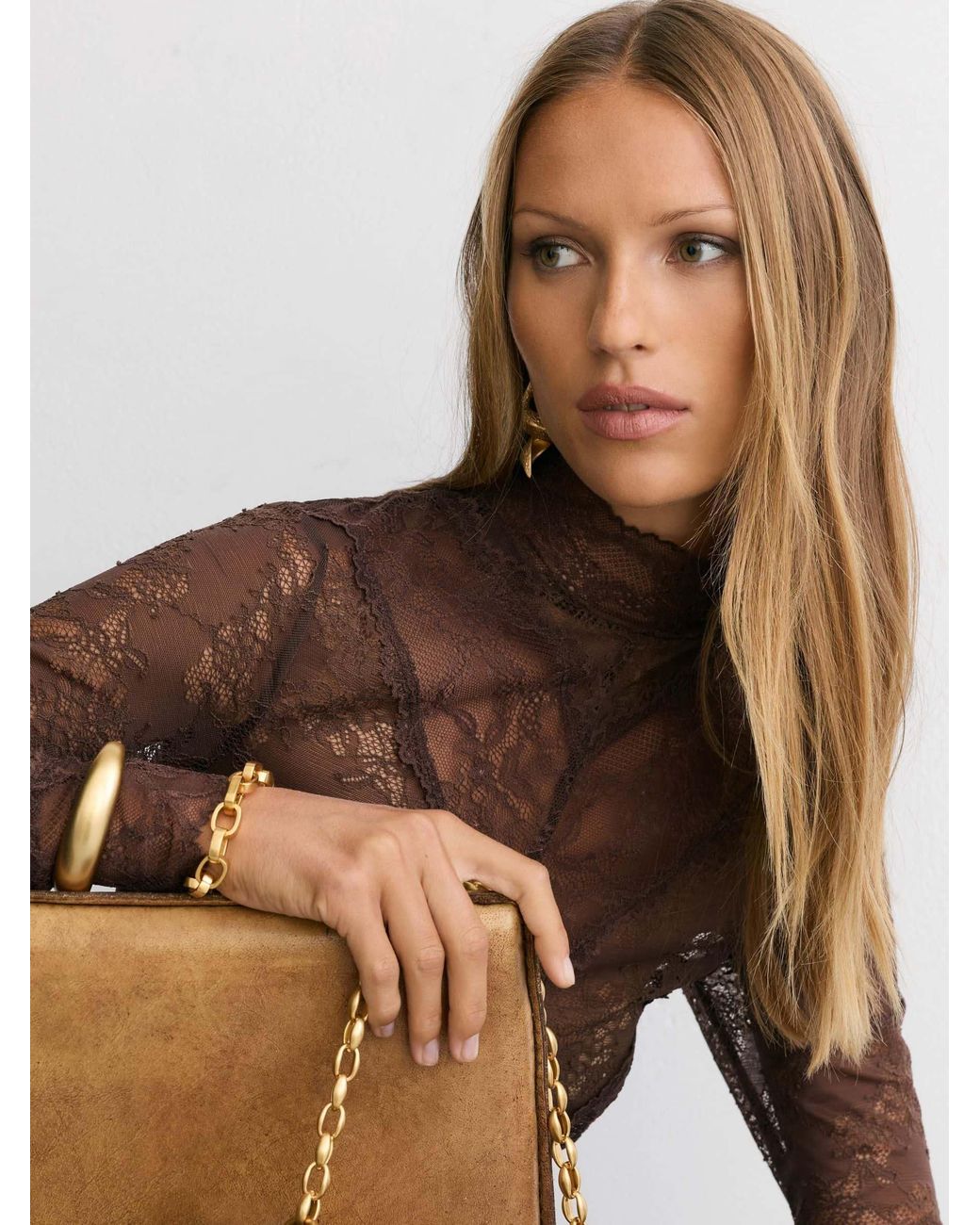 Reiss Brown Lace Long-Sleeve High-Neck Top