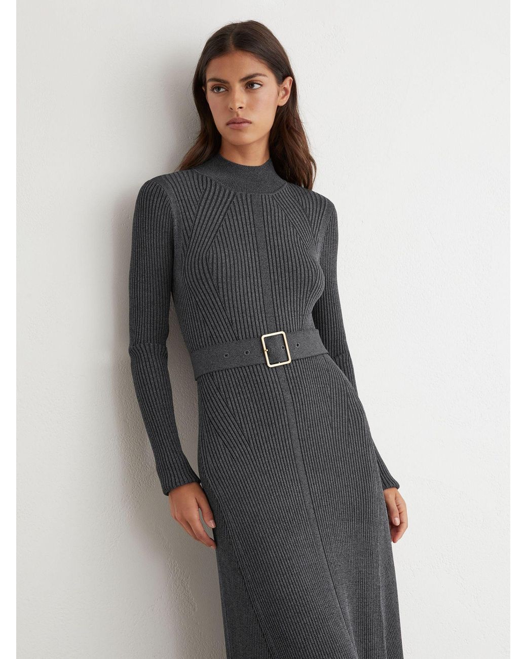 Reiss Black Rib-Knit Belted Midi Dress