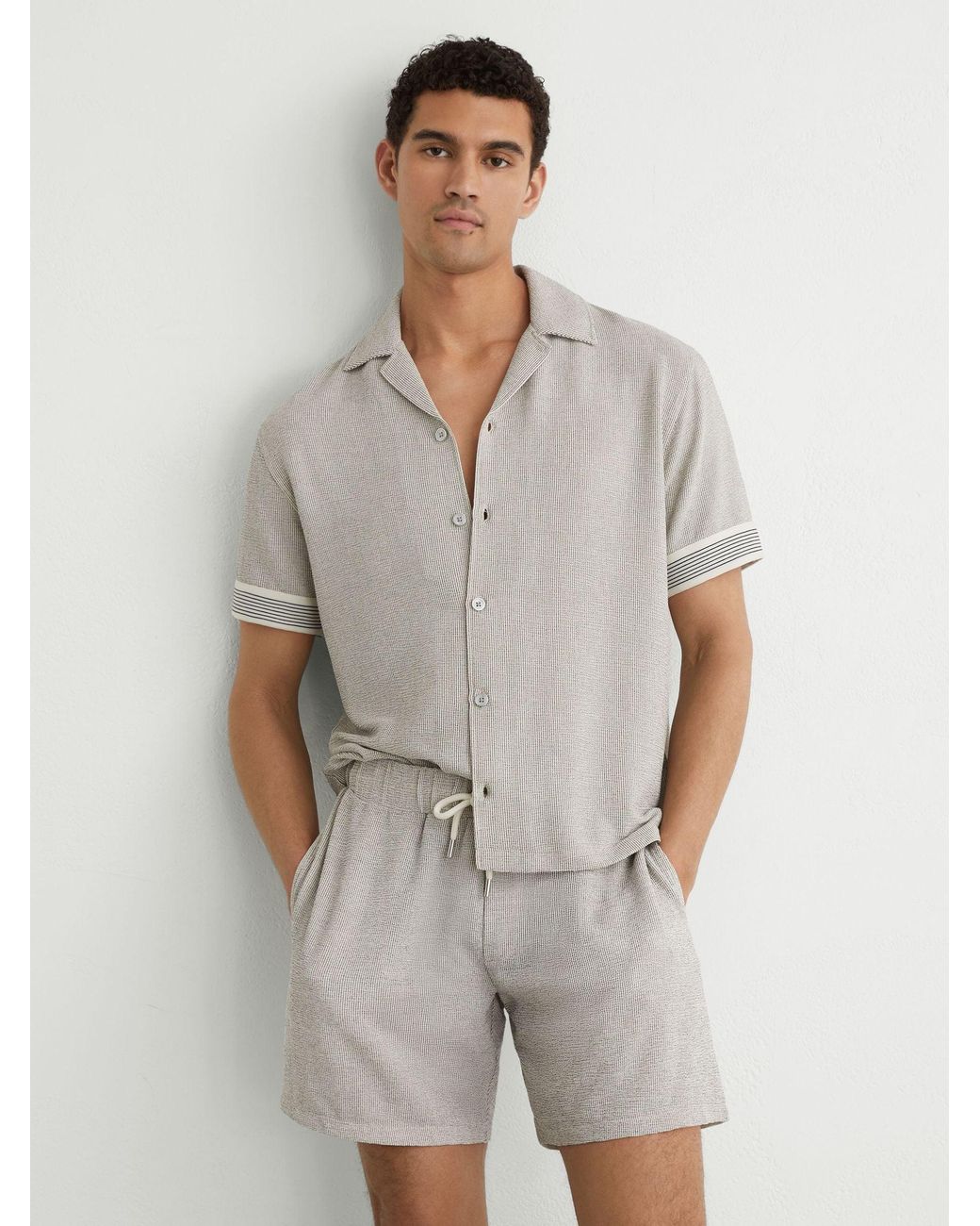 Reiss Gray Textured Stripe-Tape Cuban-Collar Shirt for men