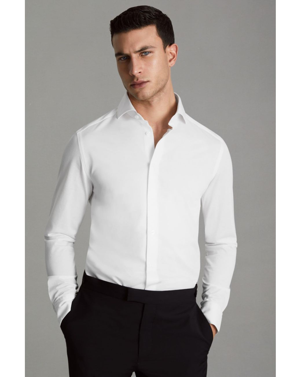 Reiss White Premote Slim Fit Cotton Cutaway Collar Shirt