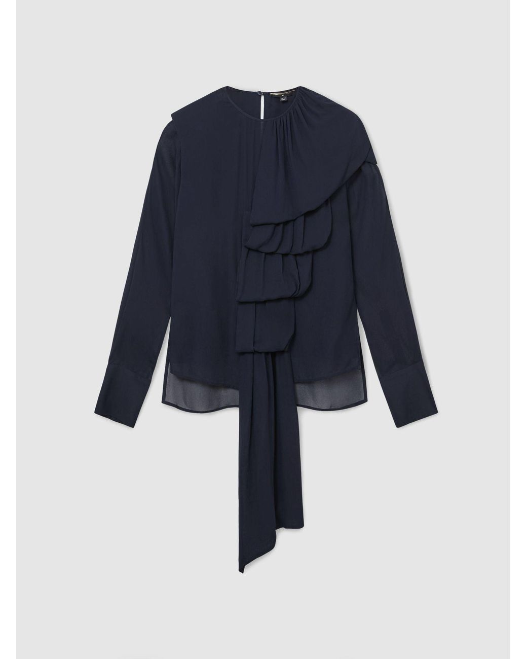 ATELIER Blue Sheer Draped Ruffle-Detail Blouse