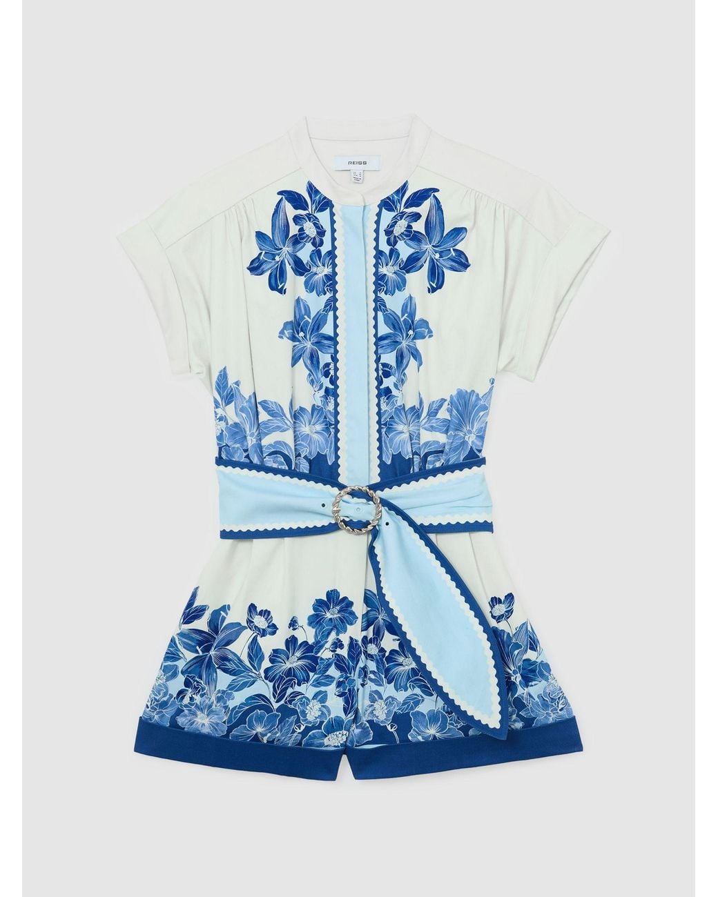 Reiss Blue Cotton Floral-Print Belted Playsuit With Stretch