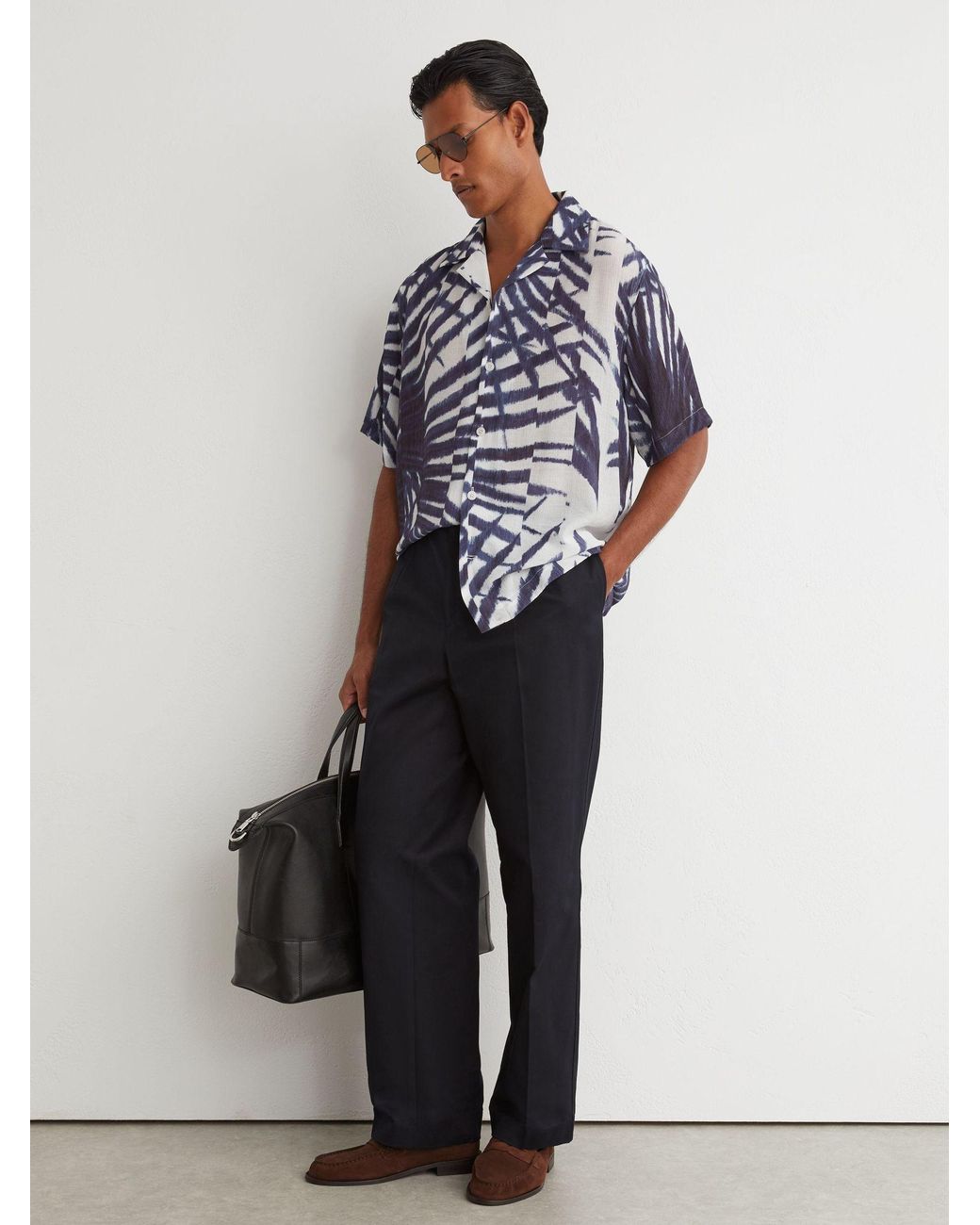 Reiss Blue Shindora - Navy/white Plissé Printed Cuban-collar Shirt, L for men