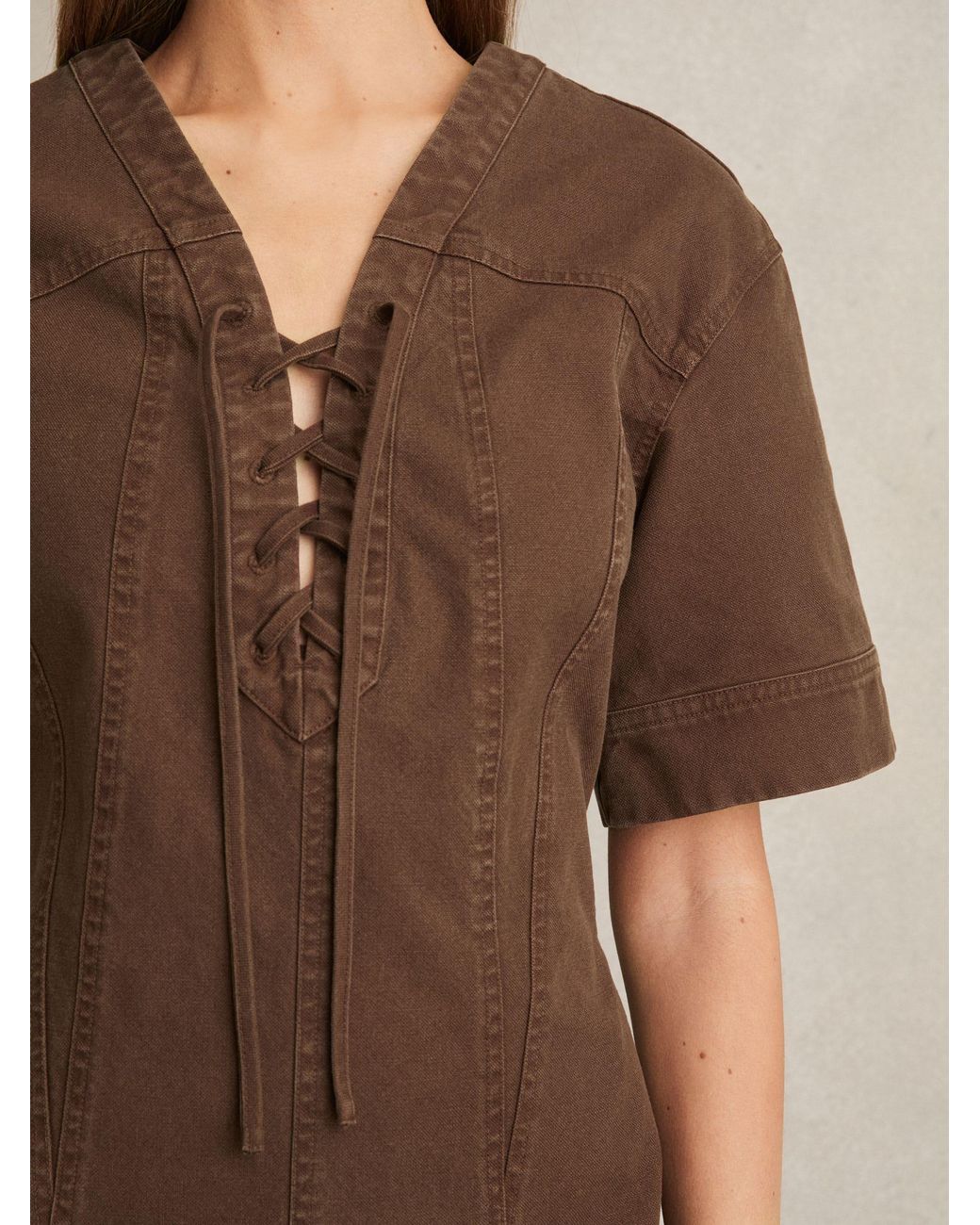 Reiss Natural Tia - Chocolate Lace Up Denim Shirt Dress, Us 6