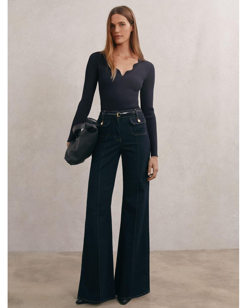 Reiss Blue Crochet-Trim Rib-Knit Top