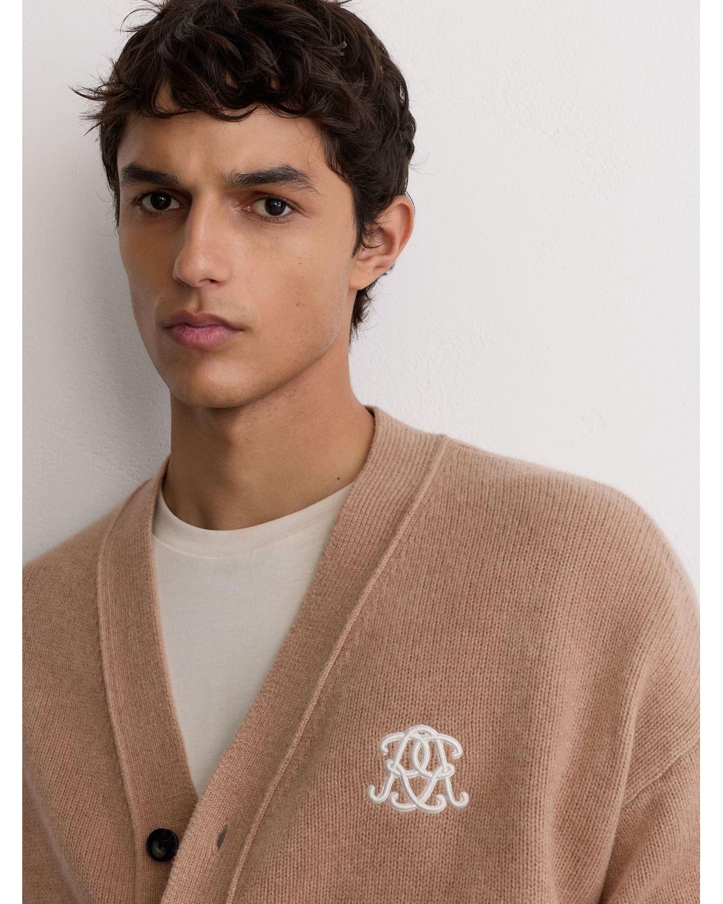 Reiss Natural Norris - Camel Brown Monogram Embroidered Relaxed Wool Cardigan, L for men