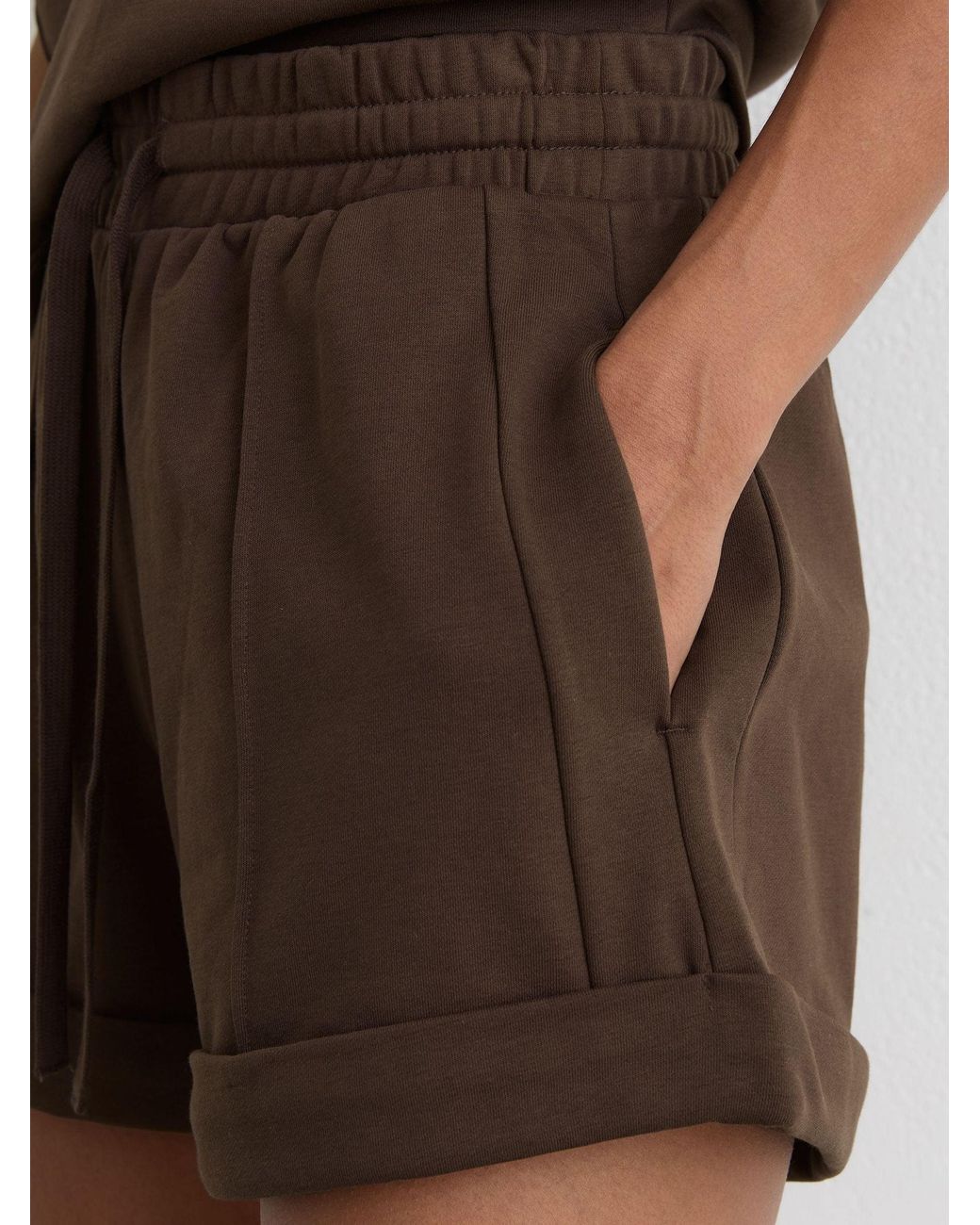 Reiss Natural Willa - Chocolate Brown Cotton-blend Drawstring Sweat Shorts, Xl (us 16-18)