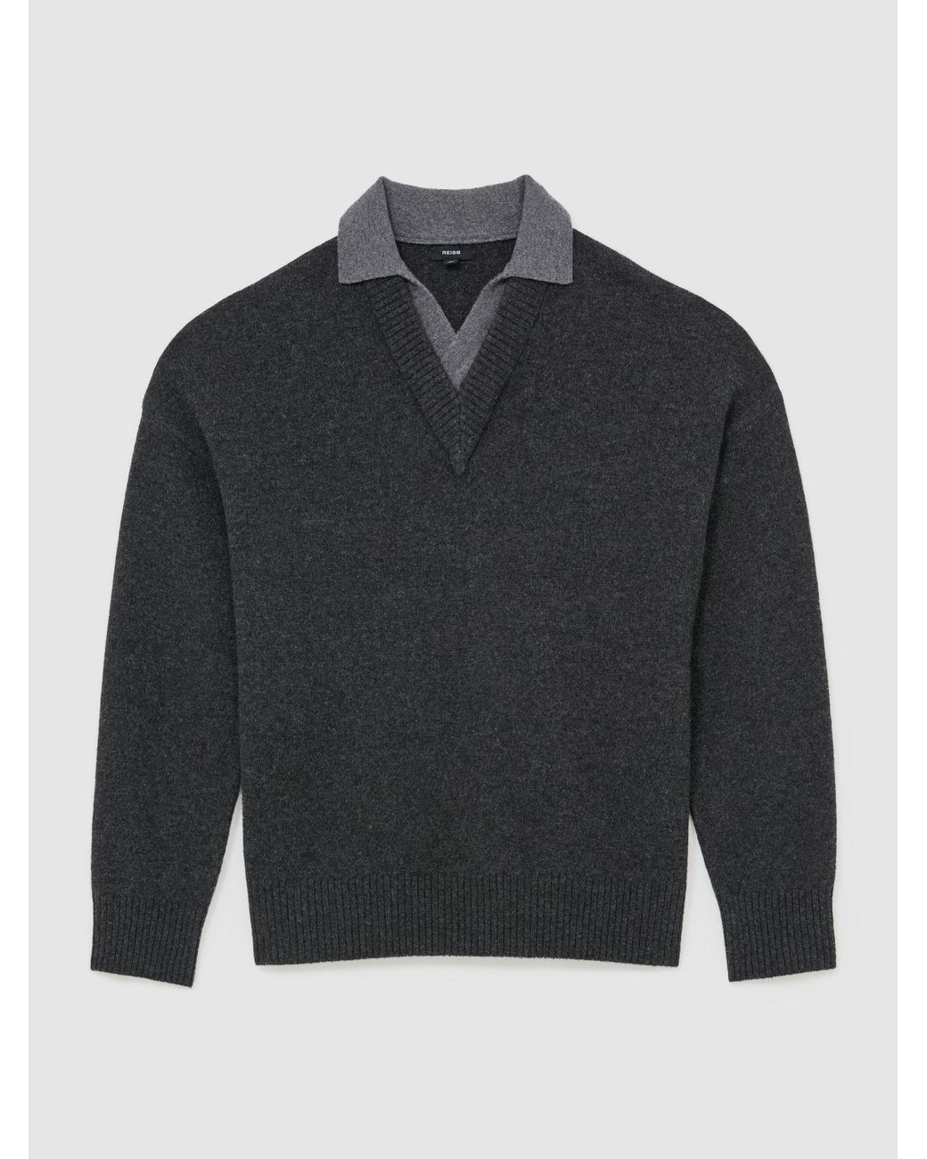 Reiss Black Wool V-Neck Contrast-Collar Jumper for men