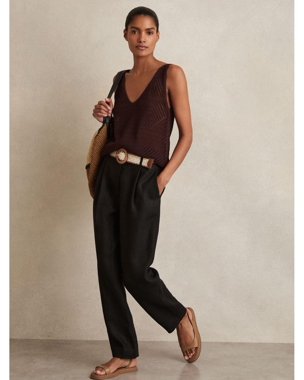 Reiss Natural Linen Belted Tapered Trousers