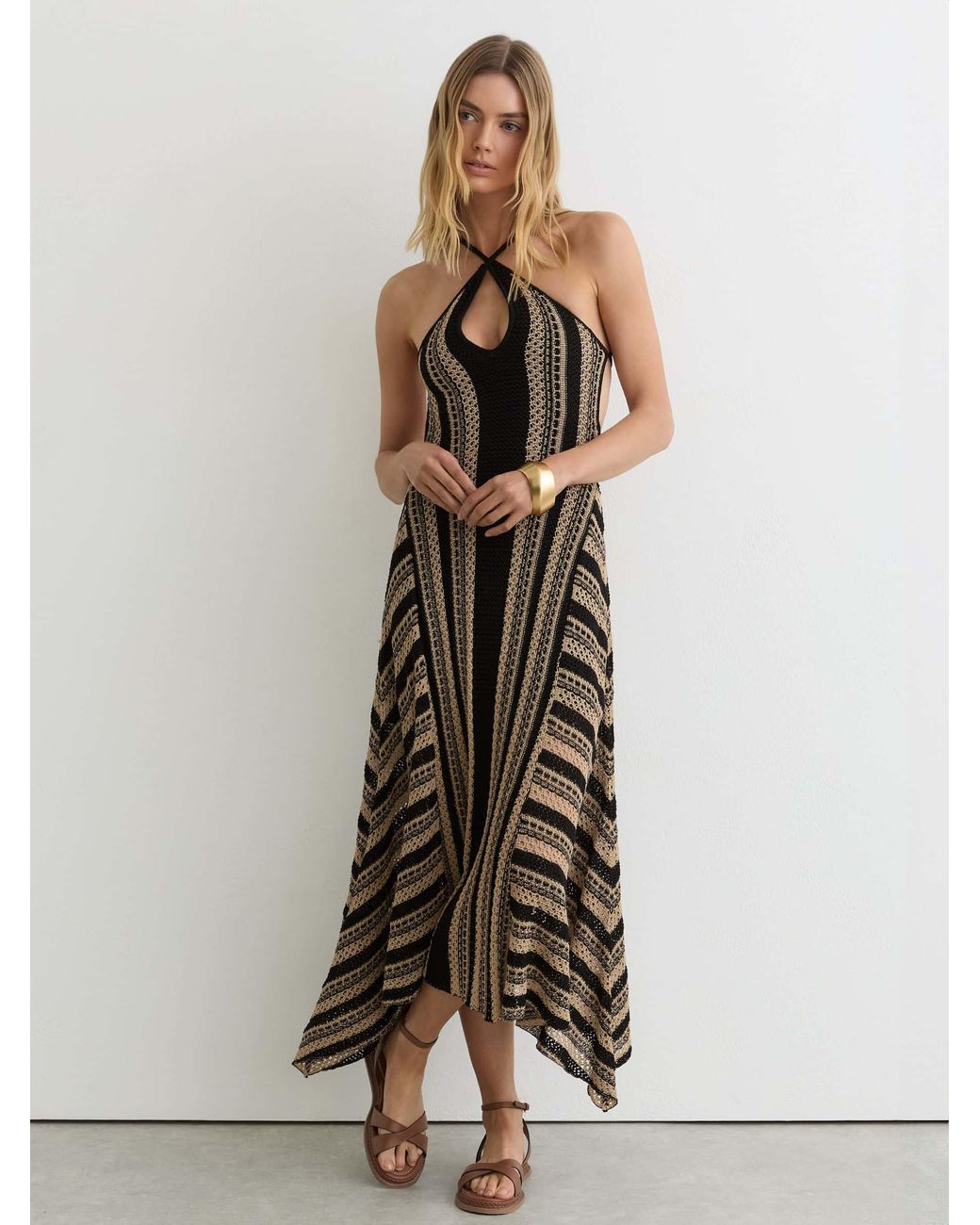 Reiss Natural Neutral Stripe Crochet-Knit Tie-Back Maxi Dress