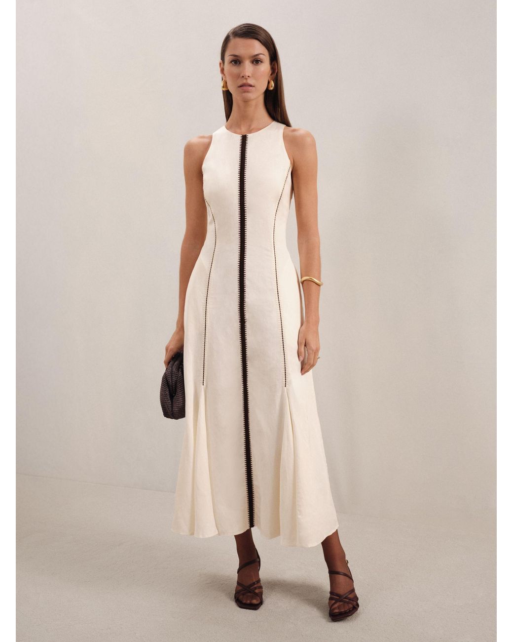 Reiss Natural Inaya - Ivory/black Craft-stitch Sleeveless Midi Dress, Us 4