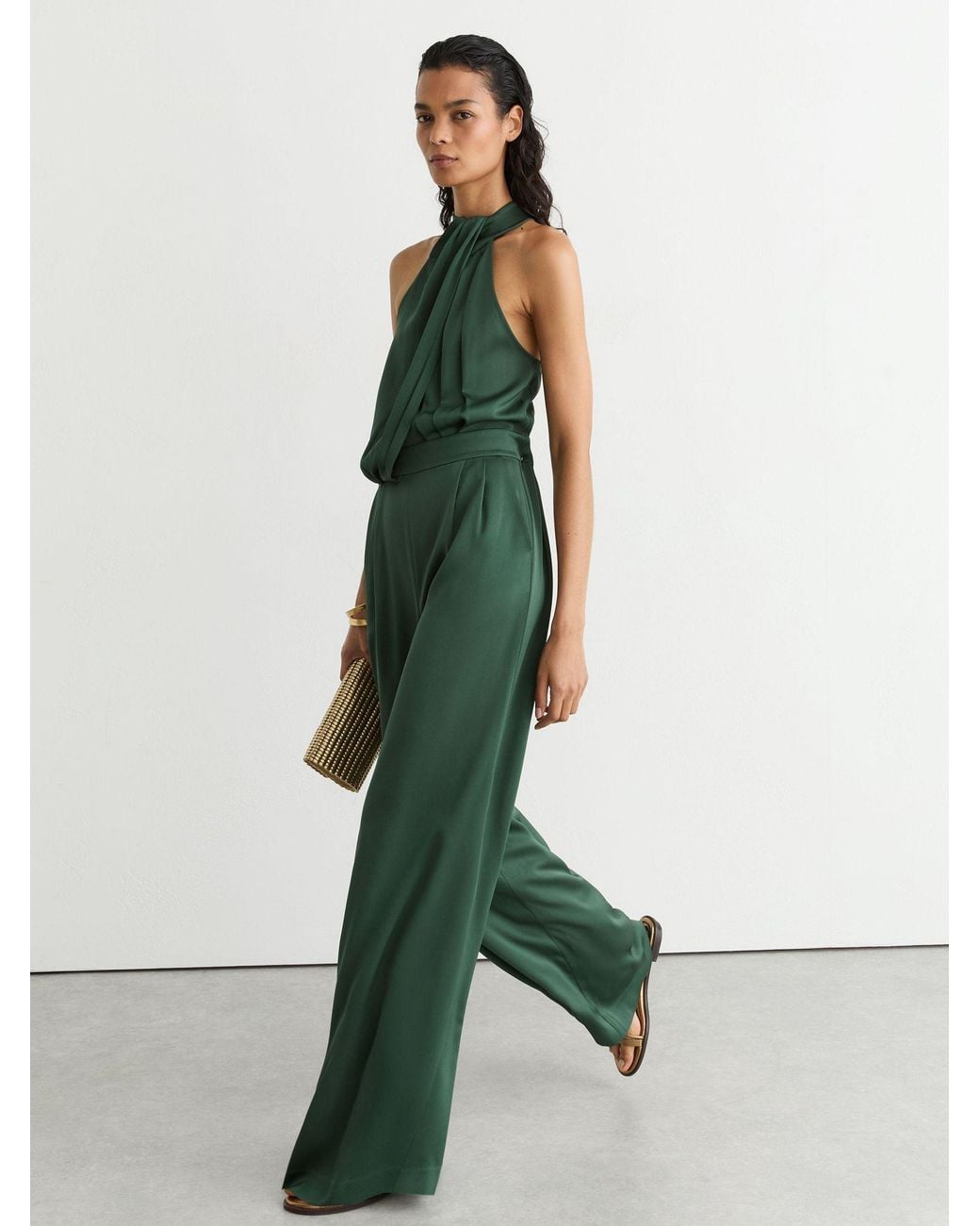 Reiss Green Petite Satin Draped Wide-Leg Jumpsuit
