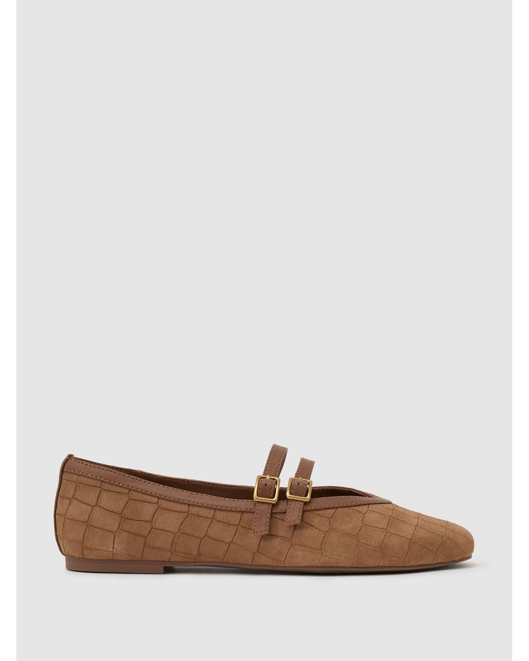 Reiss Brown Suede Croc-Embossed Ballet Flats