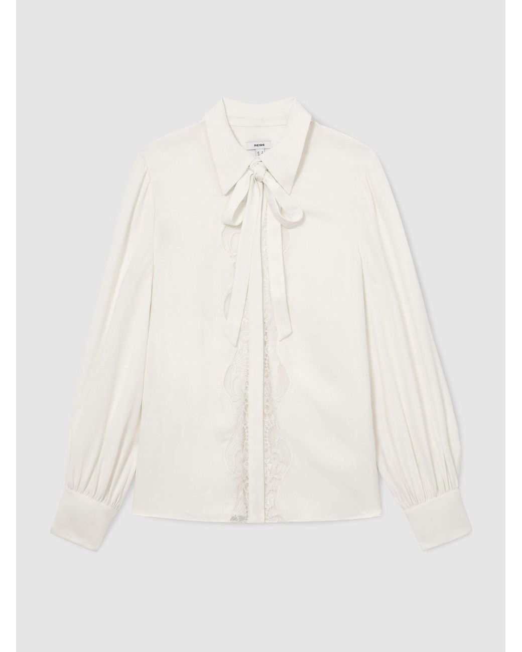 Reiss White Lace-Trim Tie-Neck Blouson Shirt