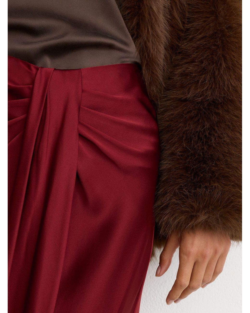 Reiss Red Silk Drape-Detail Maxi Skirt