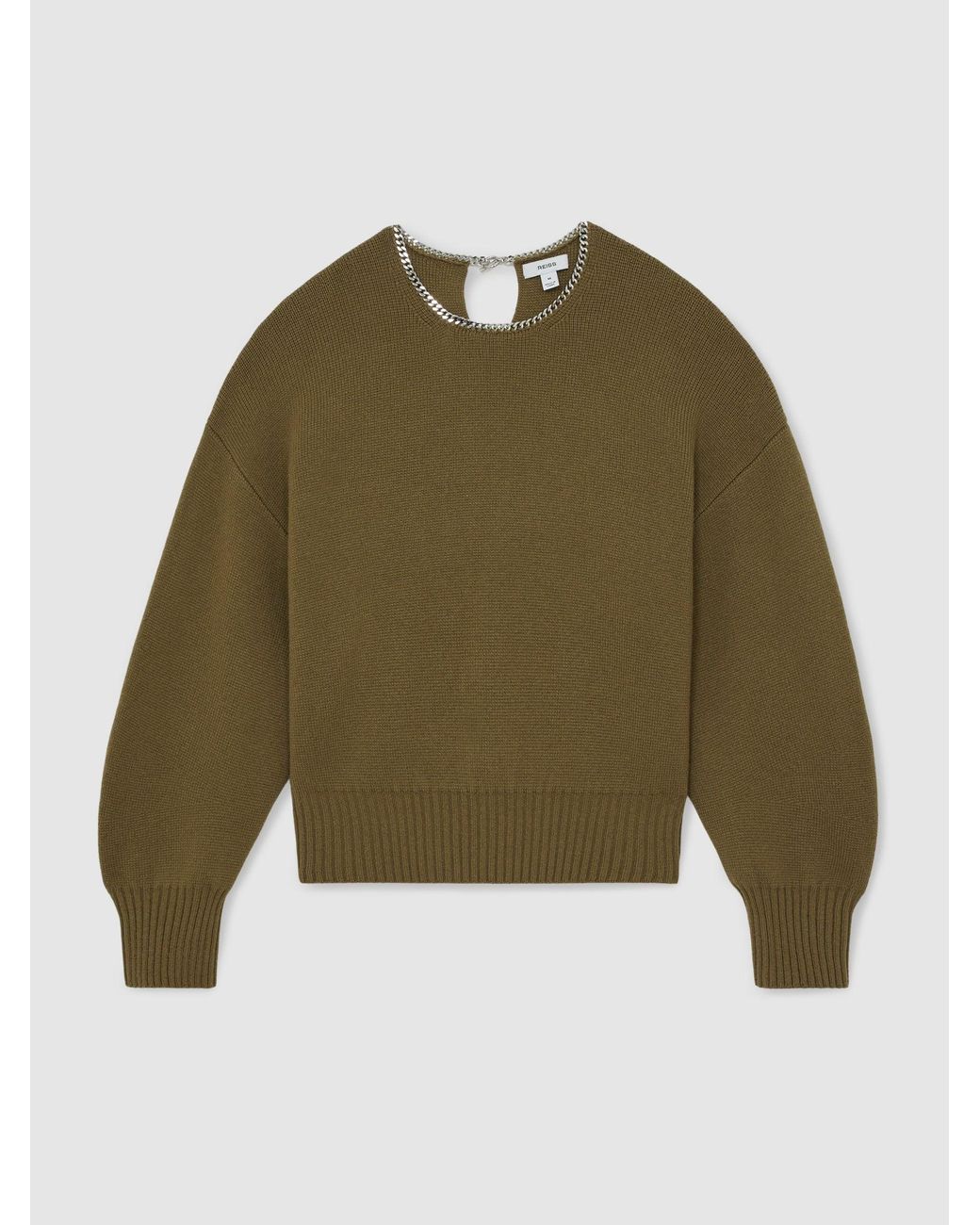 Reiss Green Wool-Blend Necklace-Trim Jumper With Cashmere