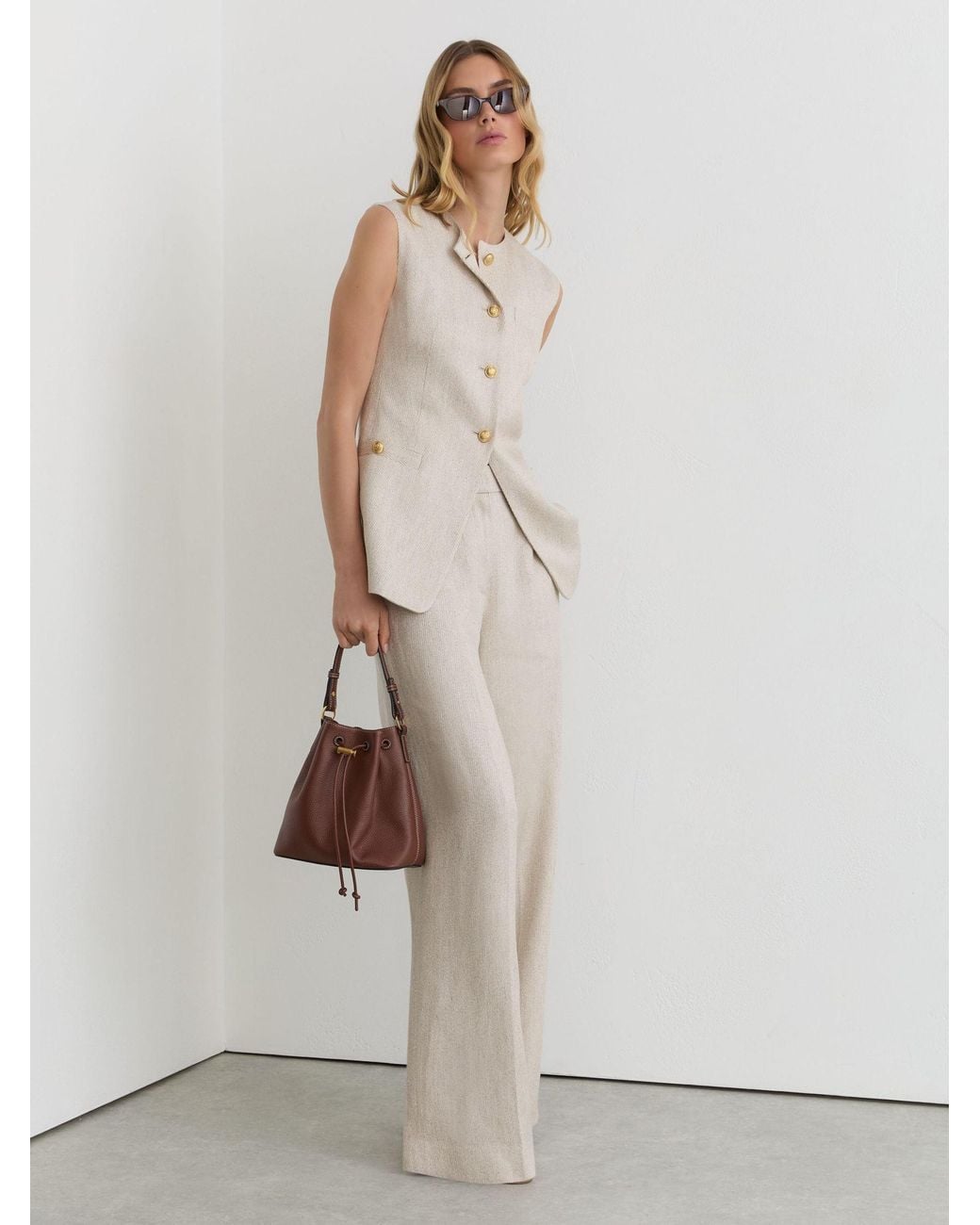 Reiss White Neutral Nolah Linen-Blend Textured Long-Line Waistcoat