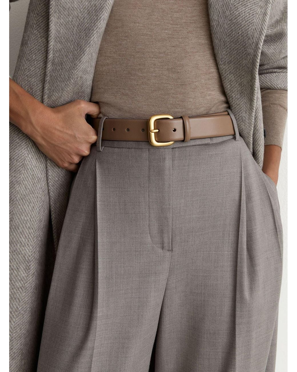 Reiss Gray Leather Square-Buckle Belt