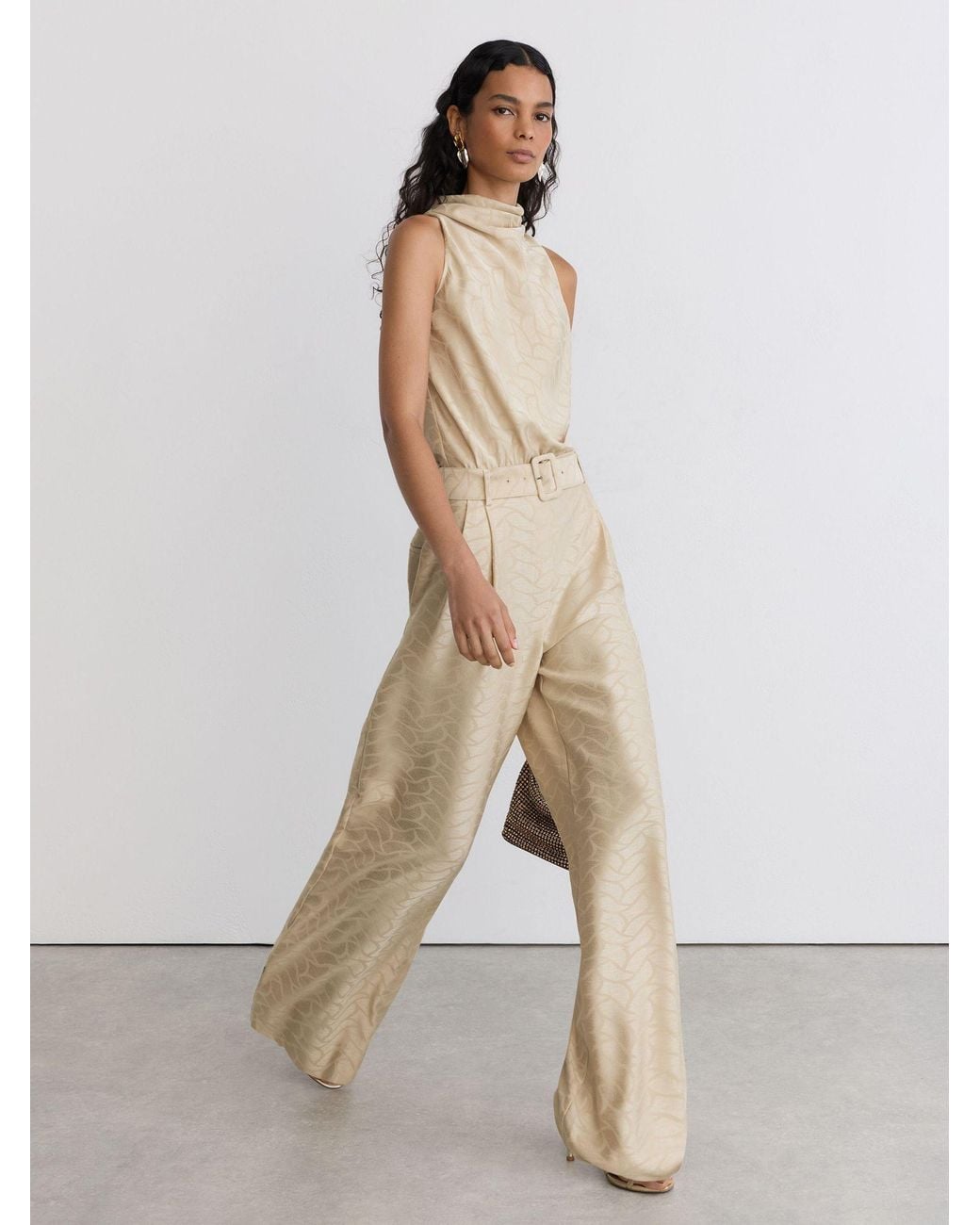 Reiss Natural Jacquard Cowl-Neck Belted Jumpsuit