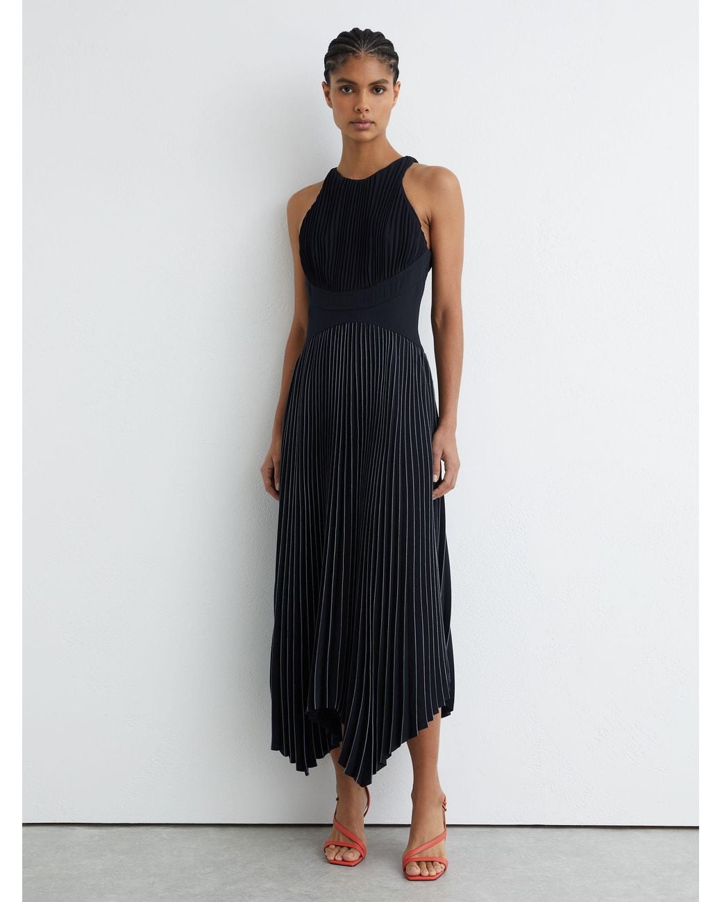 Reiss Black Pleated Sleeveless Midi Dress