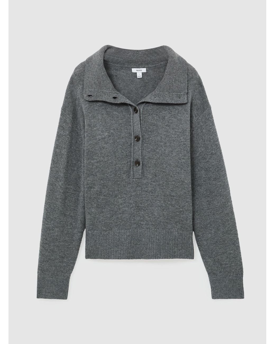 Reiss Gray Wool-Cashmere Half-Button Jumper