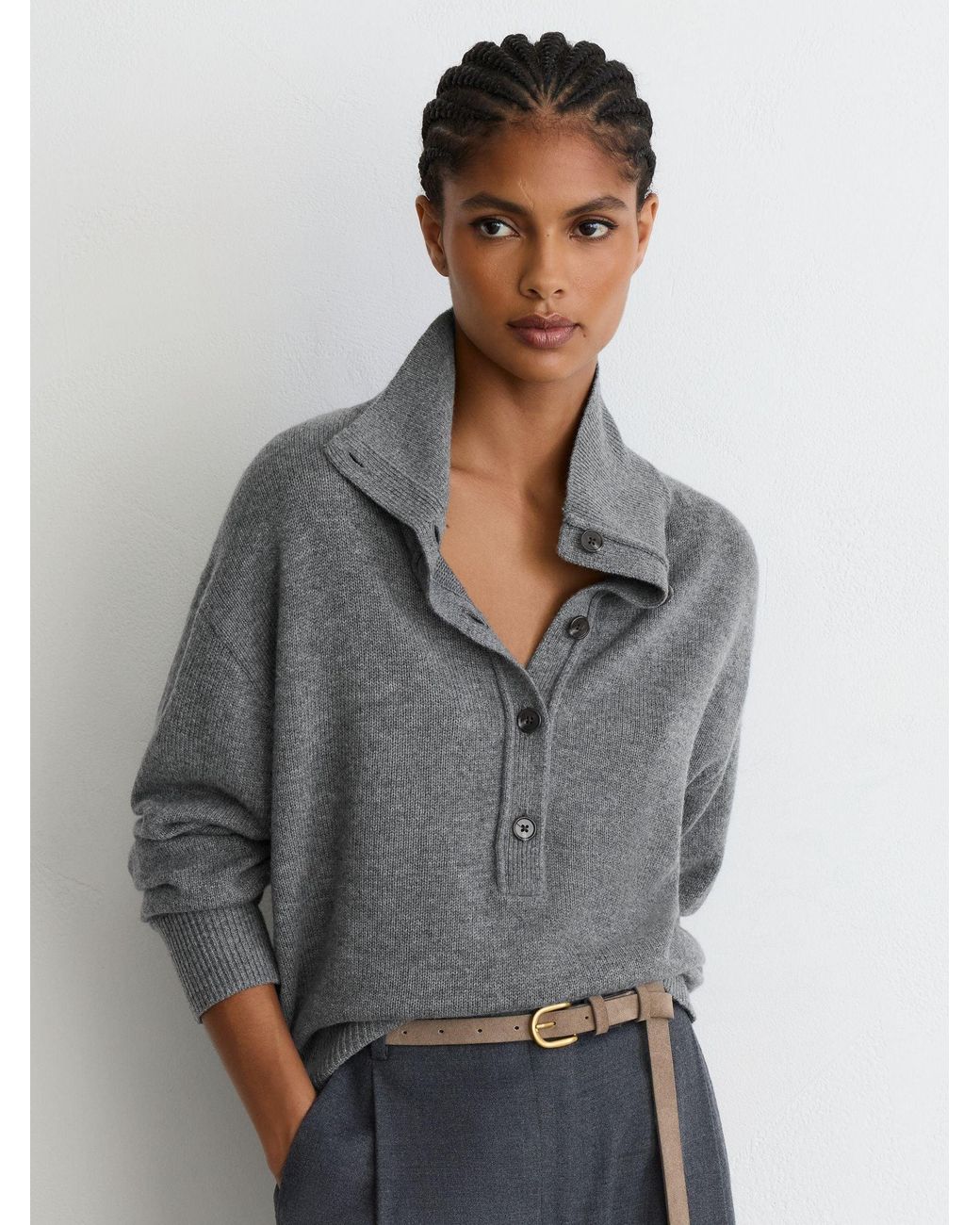 Reiss Gray Wool-Cashmere Half-Button Jumper