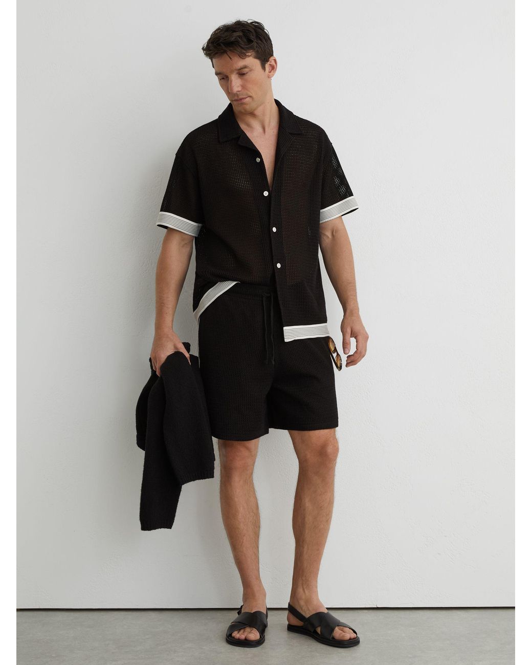 Reiss Black Cotton-Blend Tape-Trim Crochet Shirt for men