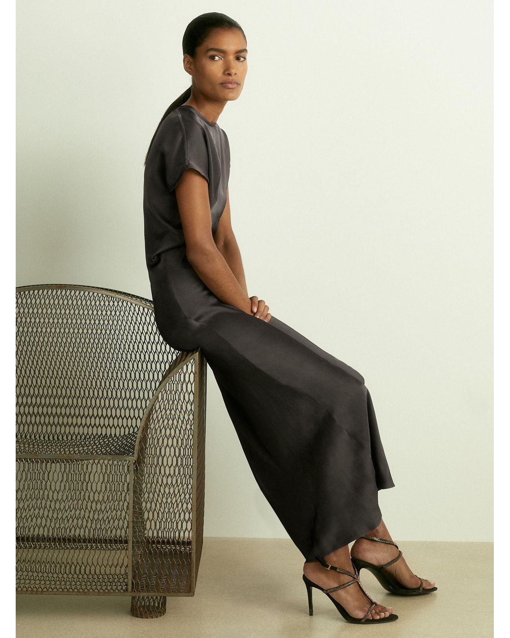 knee length dresses for ladies 1950s Short-Sleeve Satin Flared Midi Dress X-S-S main image 0