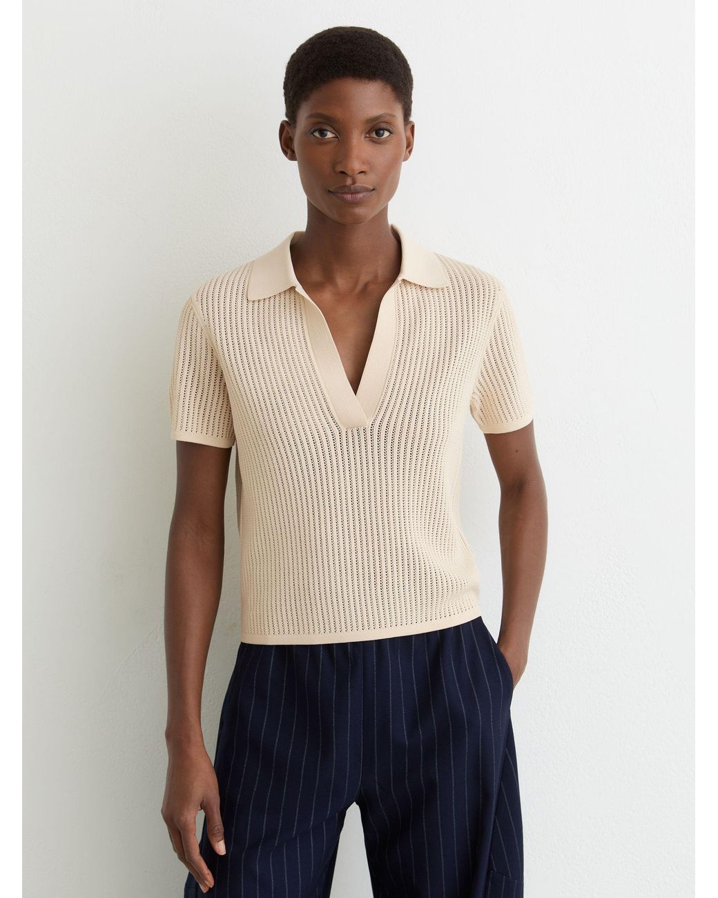 Reiss Blue Pippa - Ivory Open-stitch Knitted Polo Top, M (us 8-10)